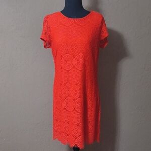 Laundry By Shelli Segal Women's Fiery Red Lace Scalloped Hem Midi Dress Size 8